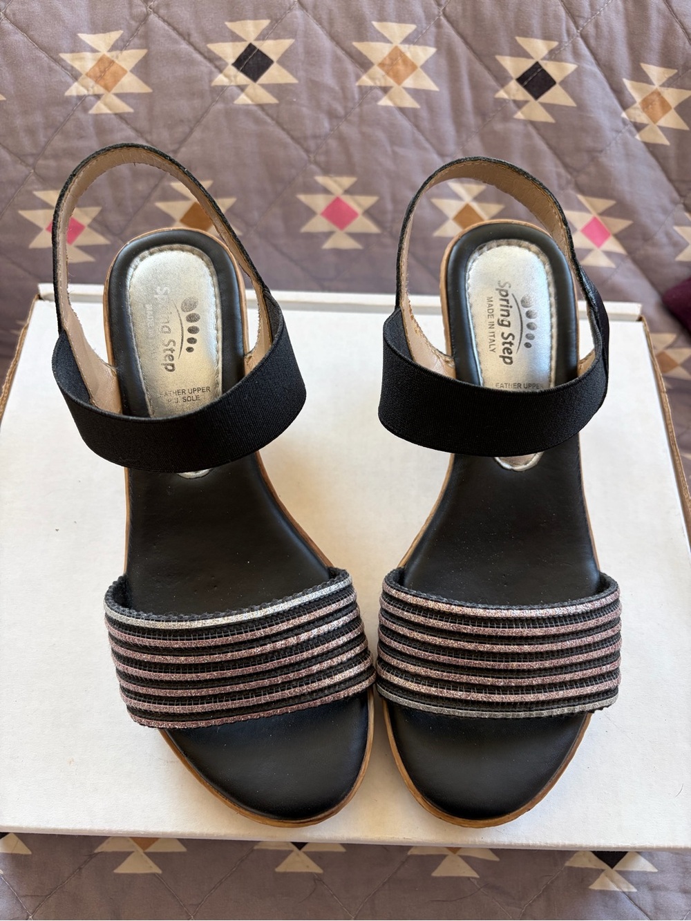 Spring Step Black & Silver Striped Elastic Slingback Sandals